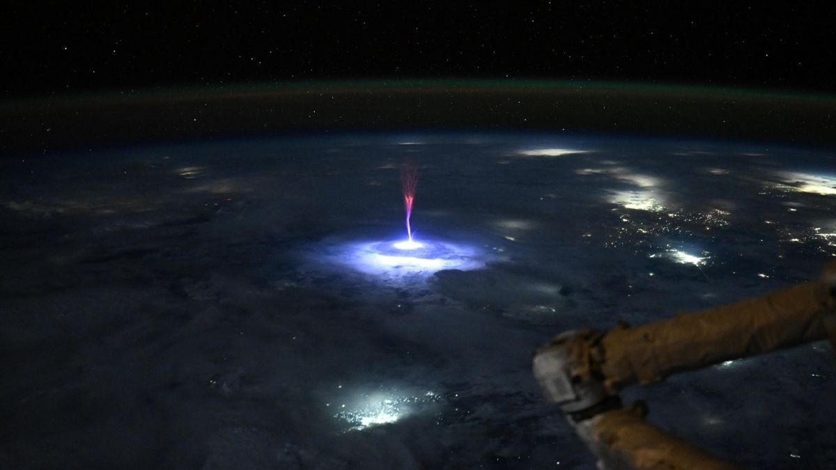 ISS astronaut captures a rare phenomenon from orbit — a giant 'sprite' above a thunderstorm