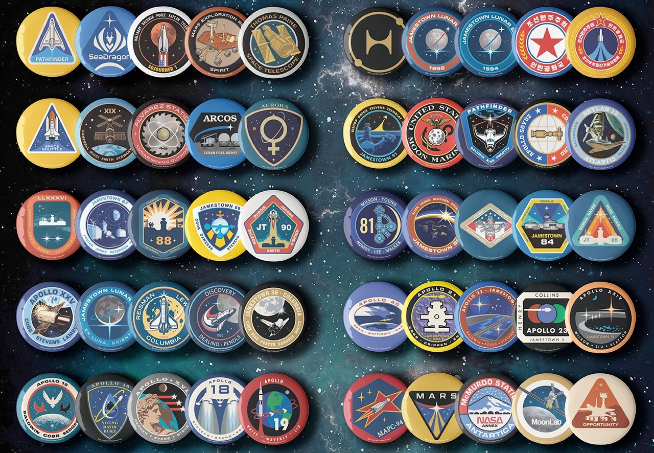 New collectible pin buttons depict 'For All Mankind' space mission patches